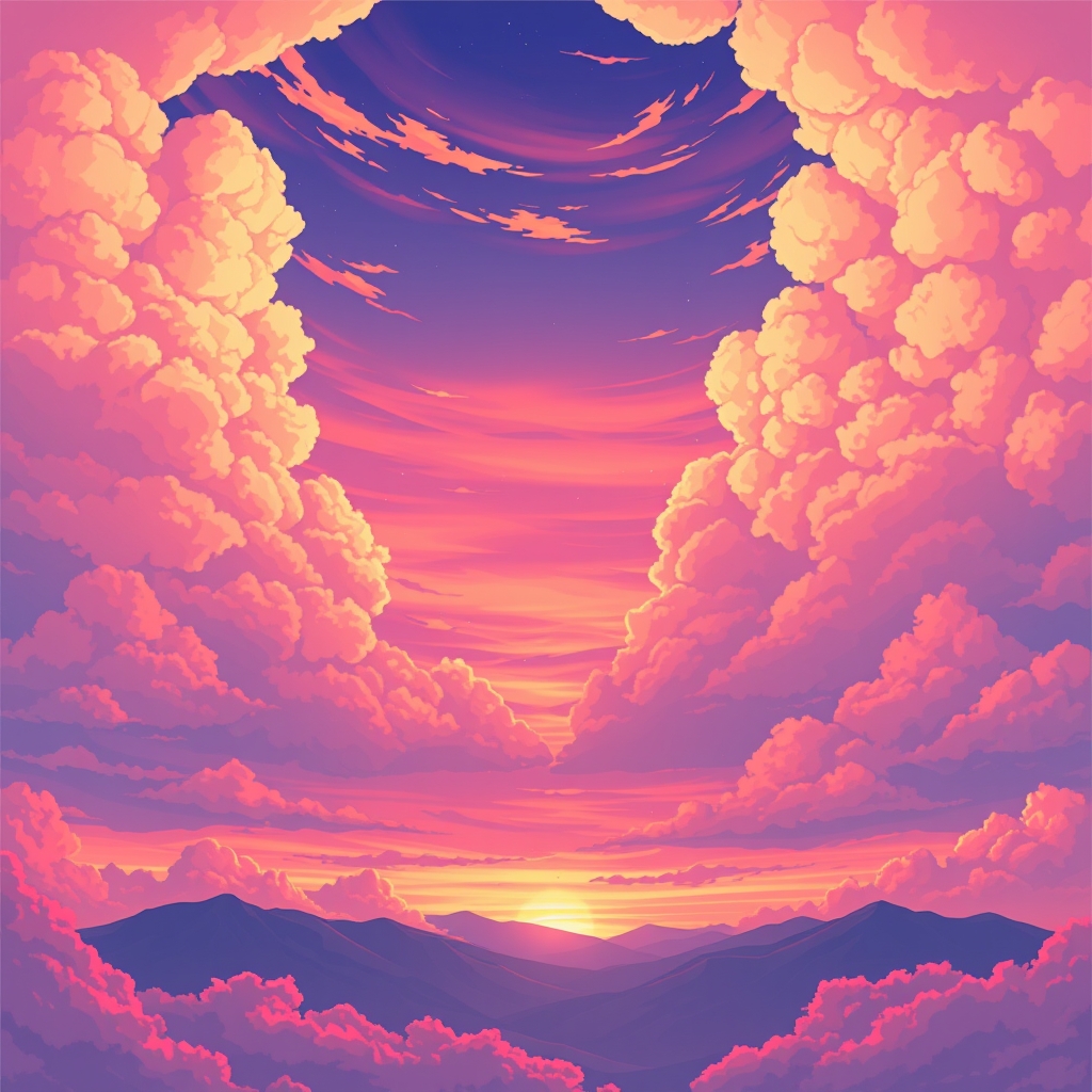 A vibrant anime-style sunset sky with fluffy clouds and distant mountains.