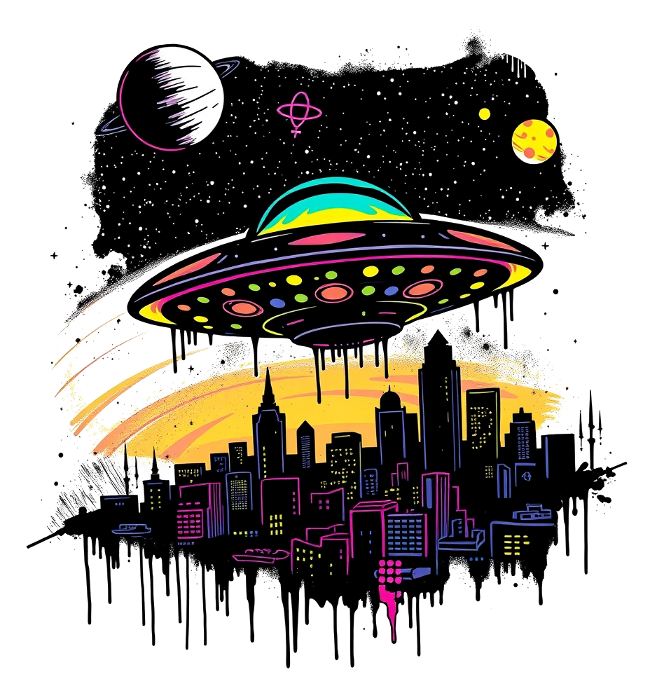 Graffiti Street Art of a UFO Flying Over a City at Dusk