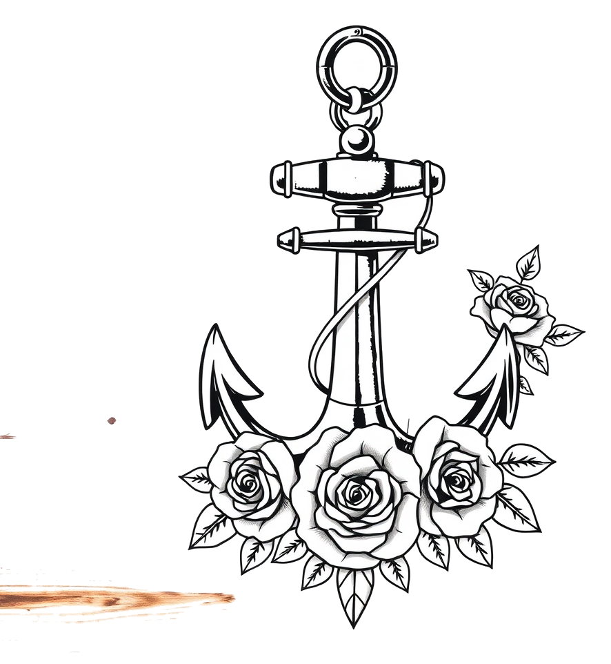 An anchor with roses wrapped around it, set against a rustic wooden table.