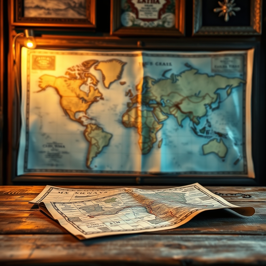 Old map on wooden table with shallow depth of field and warm lighting.