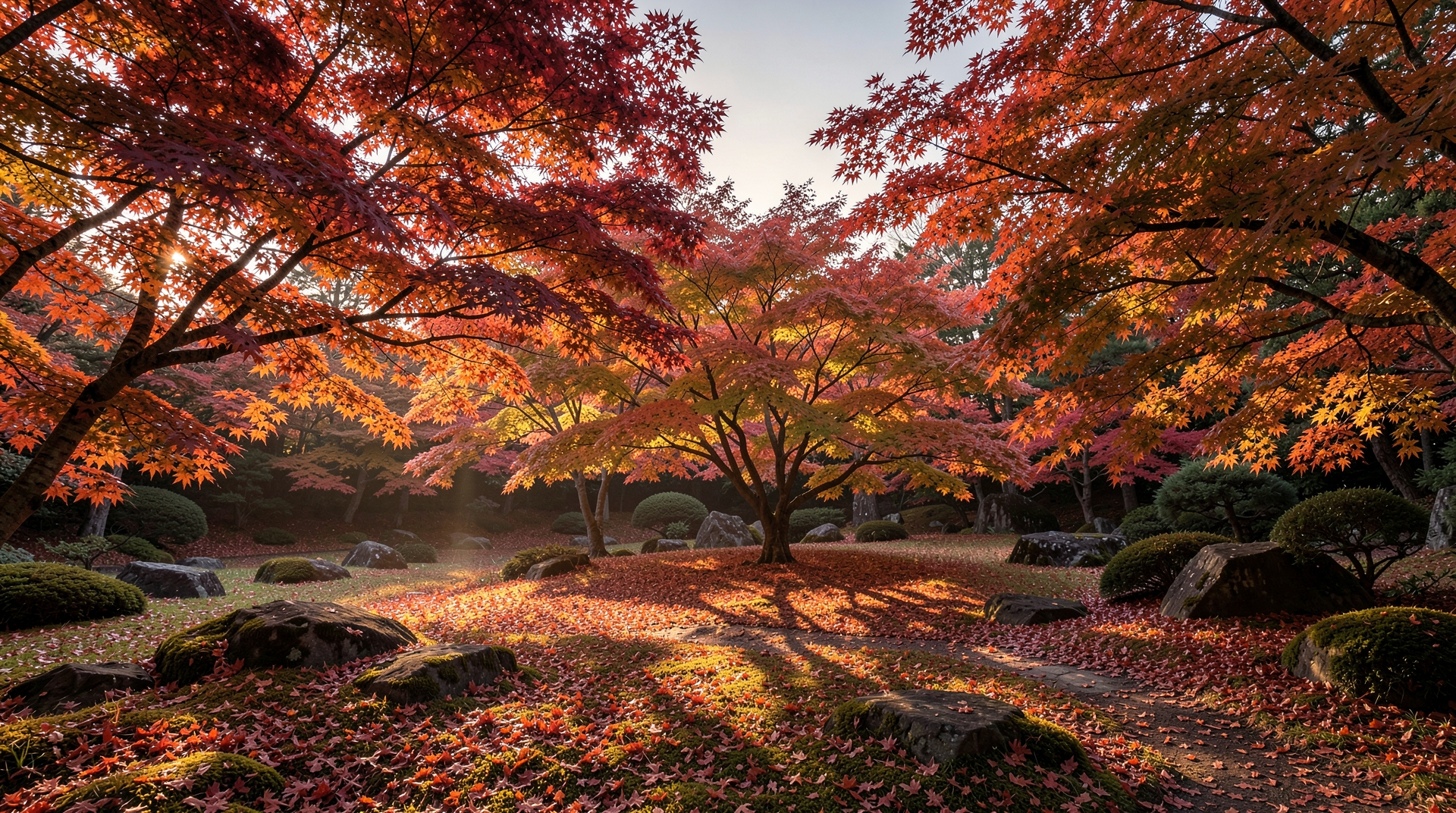 Serene Japanese Garden with Maple Trees at Dusk
