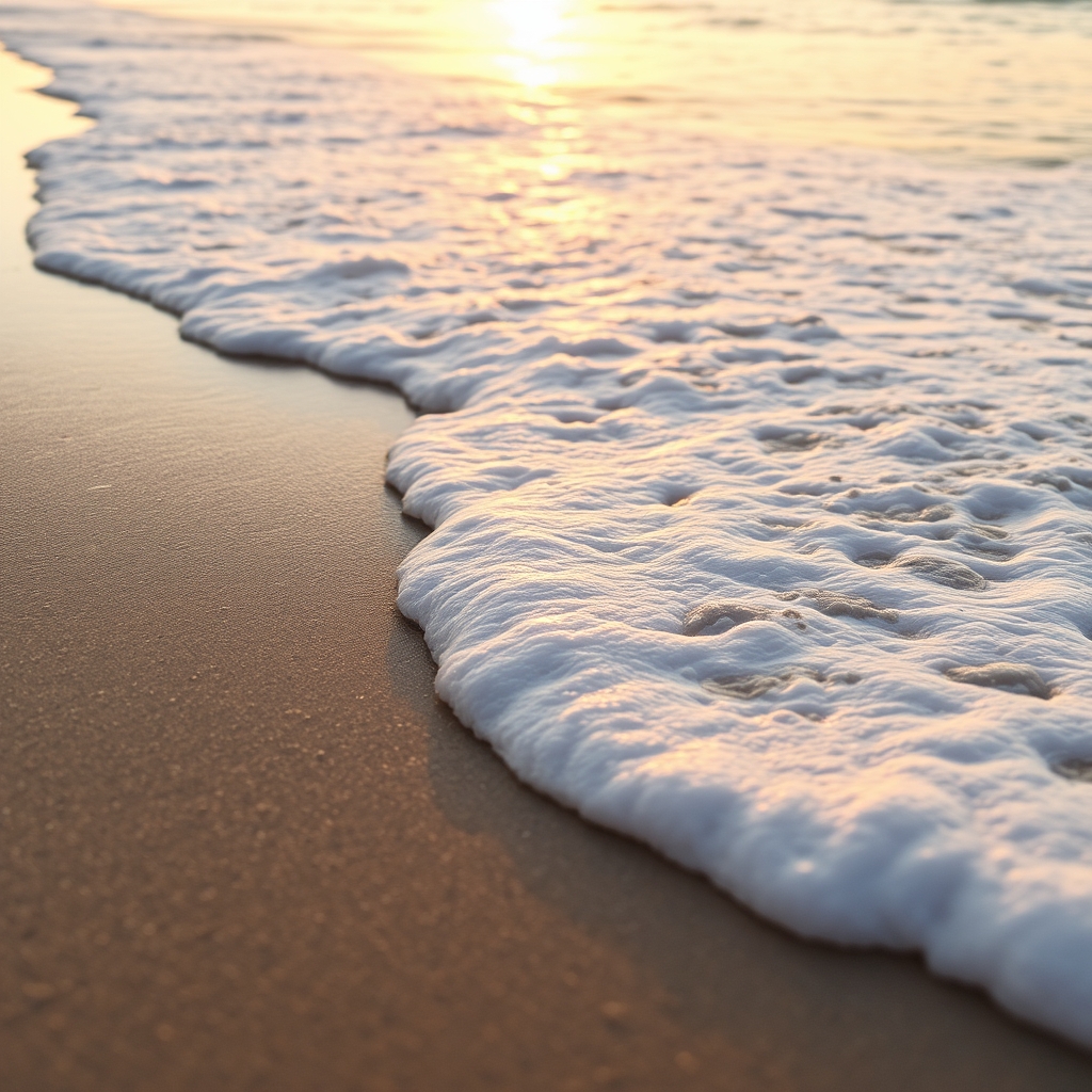 A beach scene with warm light and gentle waves at sunset.