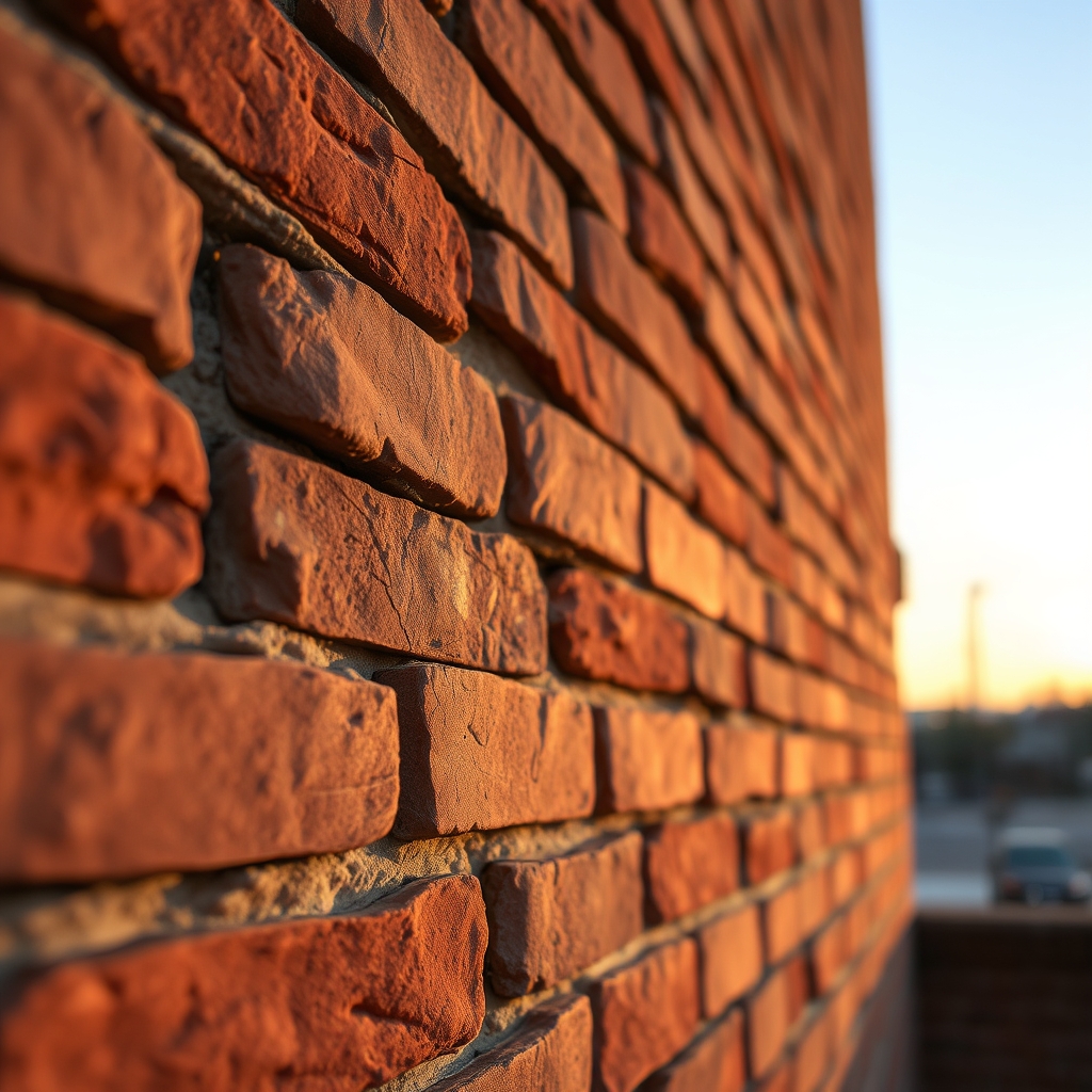 A close-up of a worn brick wall with warm lighting, featuring weathered brick at sunset.