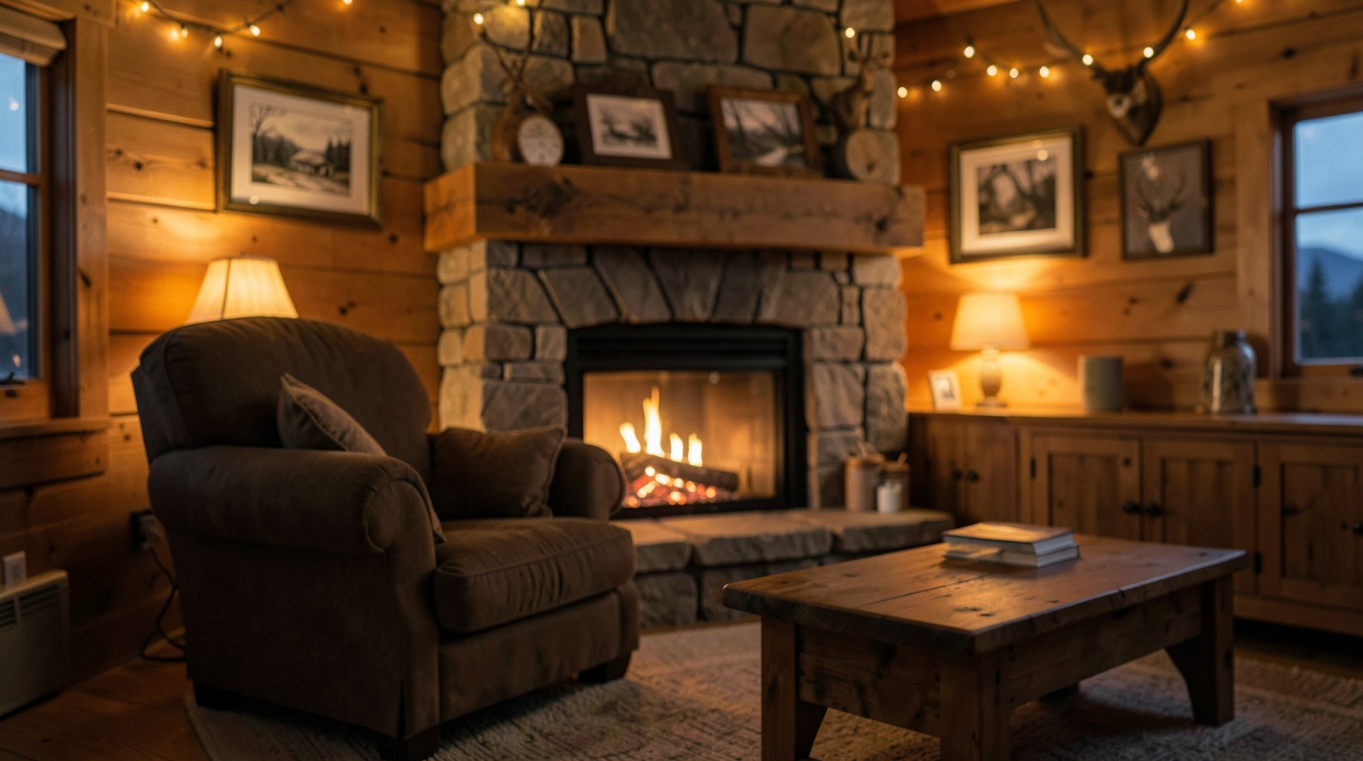 A cozy mountain cabin interior with a fireplace, warm lighting, and wooden decor, captured at dusk.
