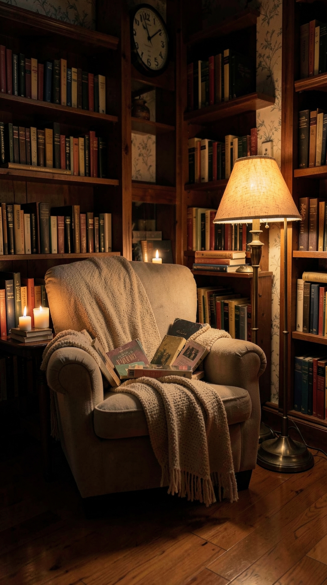 Warm candlelight on books in a cozy library corner