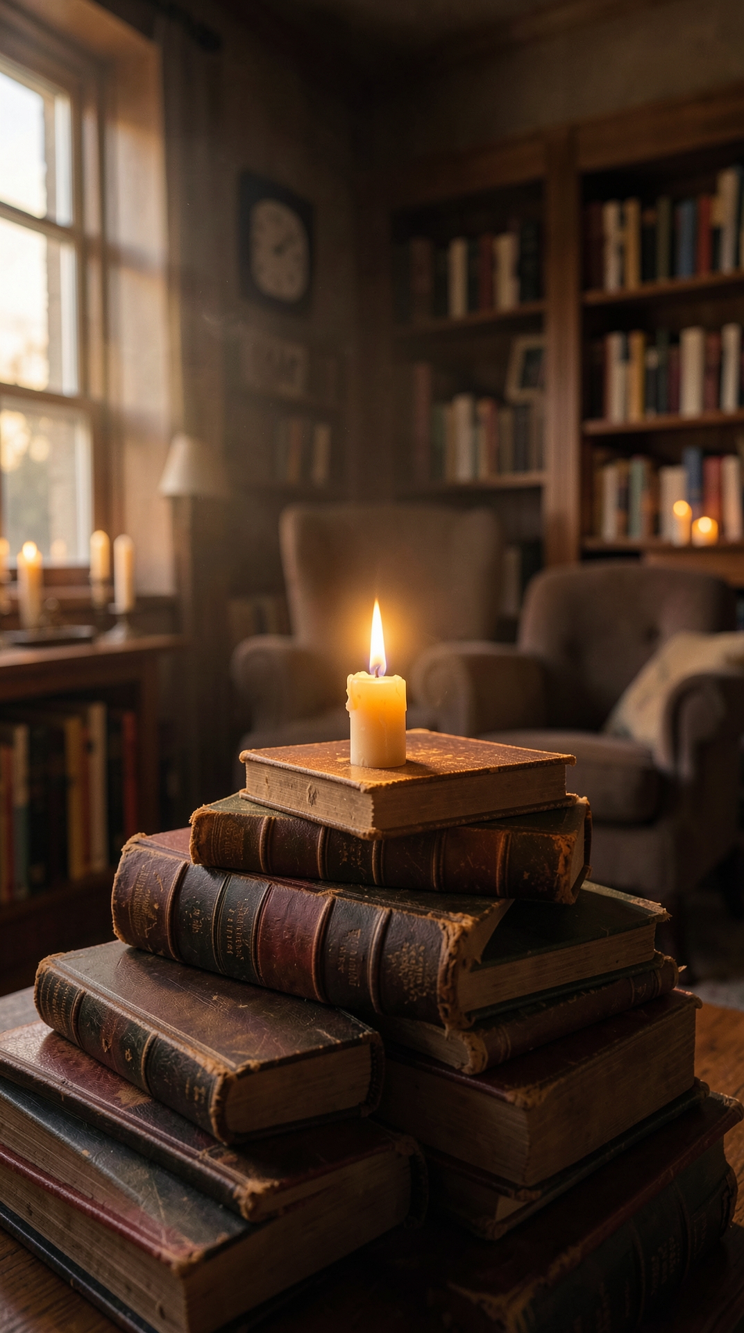 Cozy library scene with vintage books and candlelight.