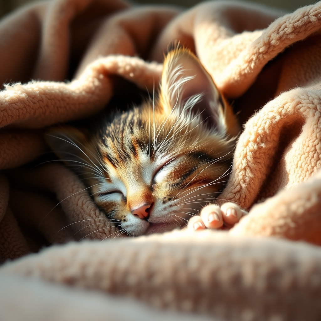 Cute kitten peeking out of a blanket, with soft light and warm colors.