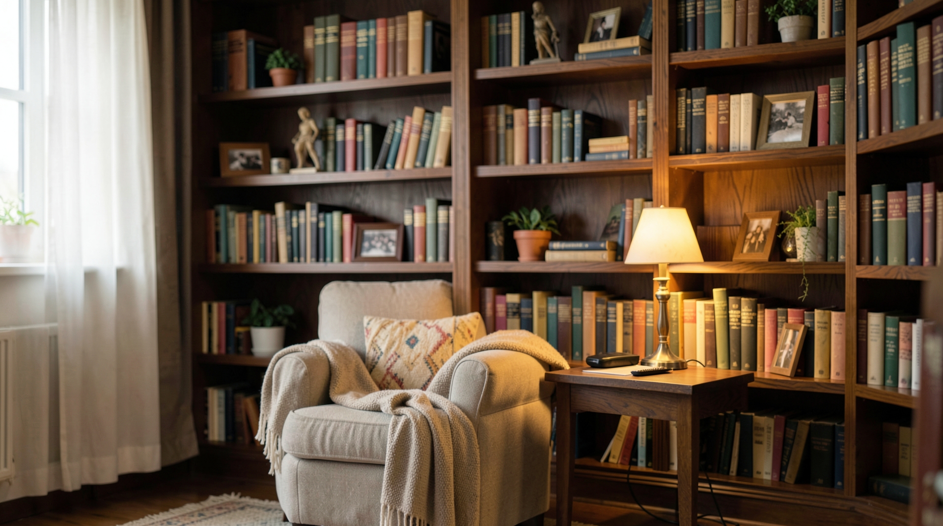 Warm library with wooden shelves