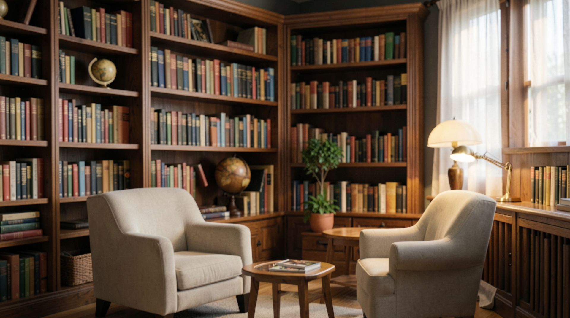 Warm library with wooden shelves
