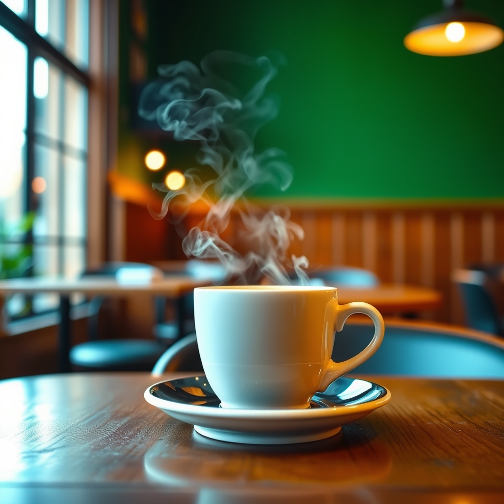 温かい光に包まれた、カフェの木製テーブルと湯気の立つコーヒーカップ