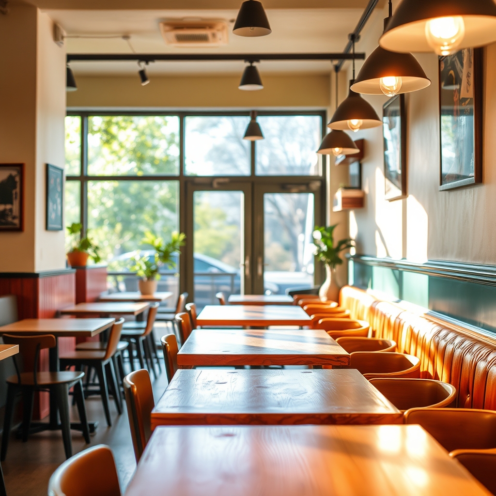 Cozy cafe interior with soft natural light and warm colors.