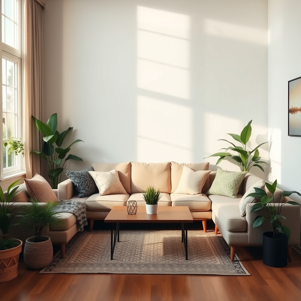 Cozy living room with beige sofa, coffee table, and plants, soft natural light, warm colors.