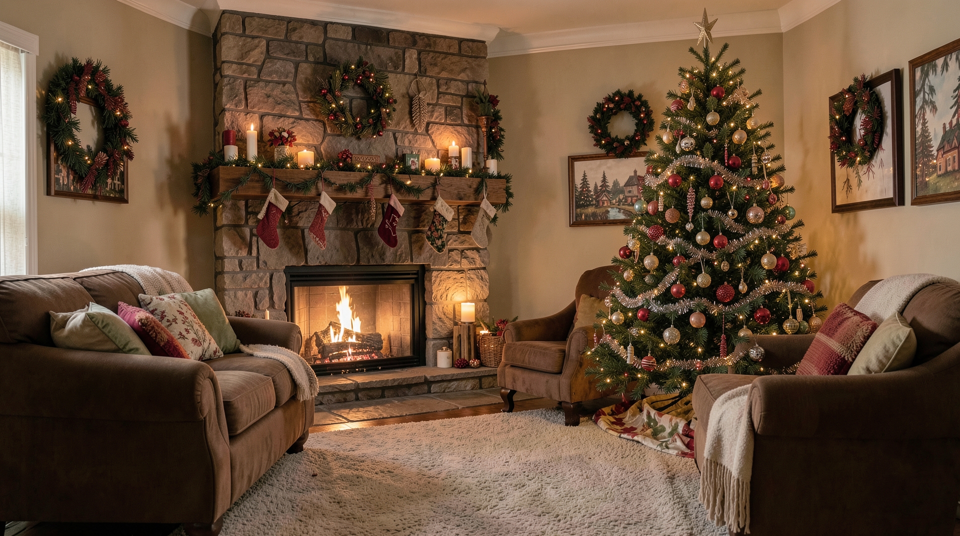 Warm living room with Christmas tree