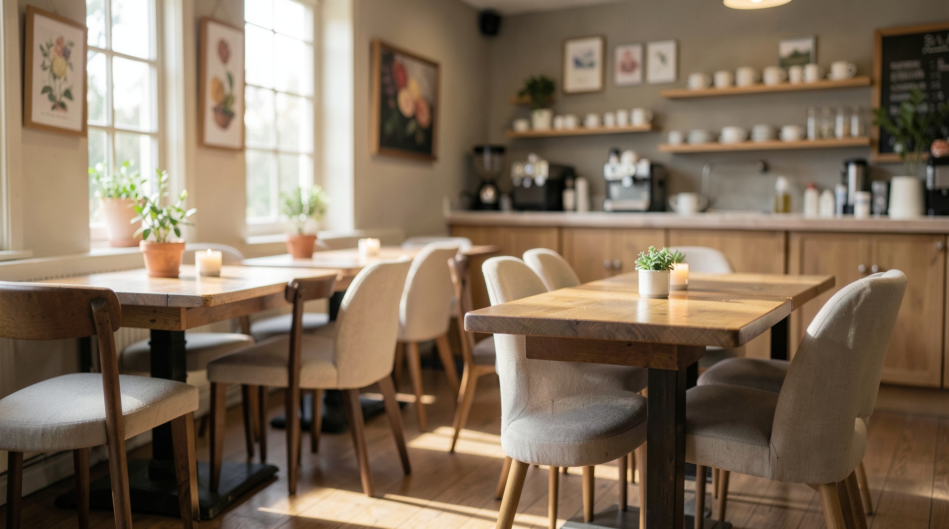 A warm and inviting cafe interior with soft lighting and wooden tables.