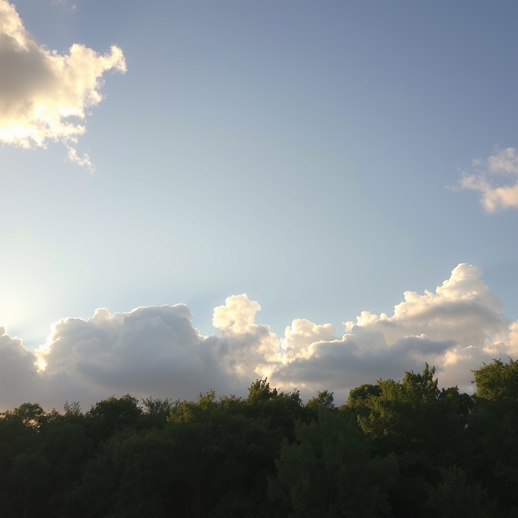 Warm sunny day with fluffy clouds and green trees