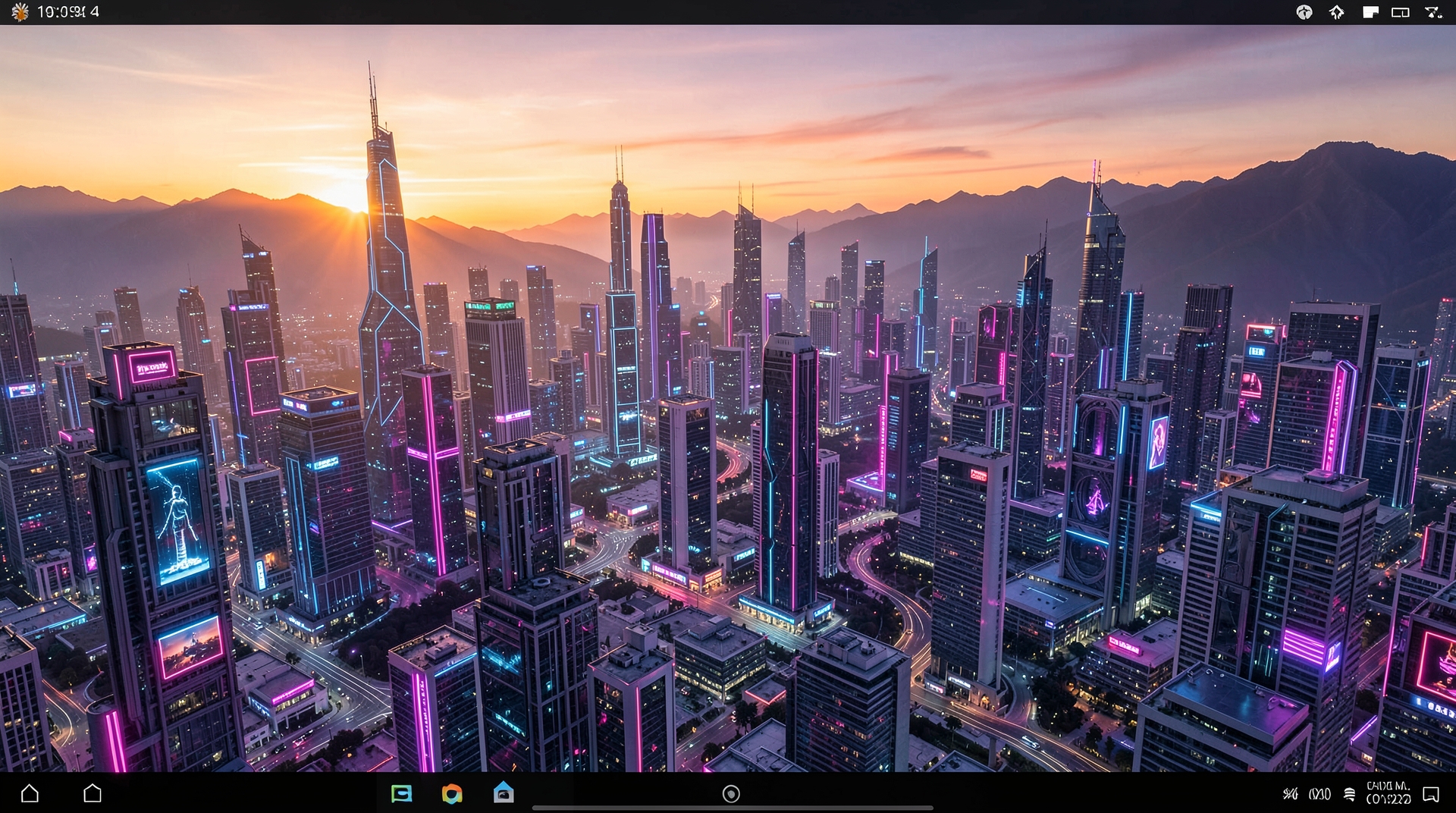 Warm sunset over a futuristic cityscape with neon lights and synthwave-inspired colors