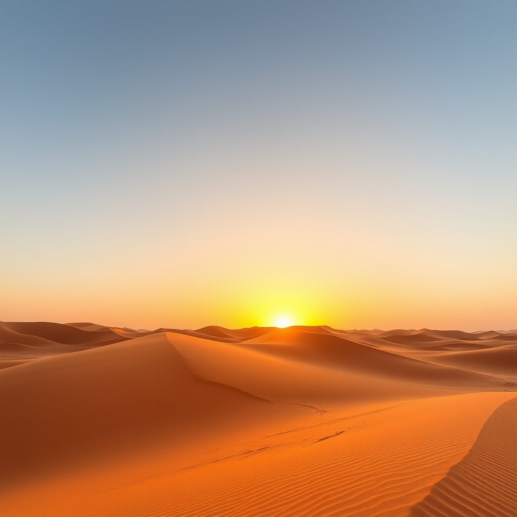 Desert landscape with sandy dunes at sunset.