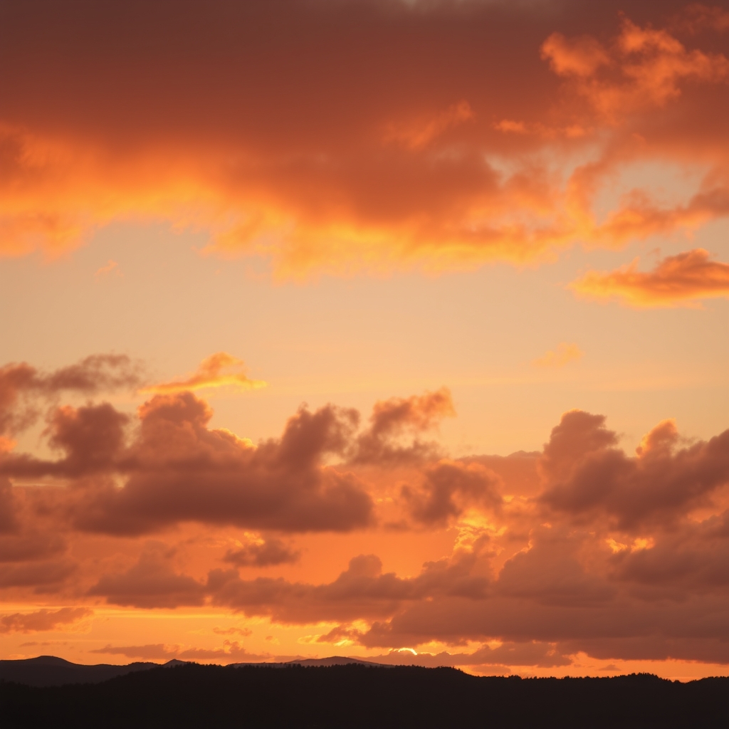 Warm Sunset Sky with Orange Hues and Fluffy Clouds Over Mountains