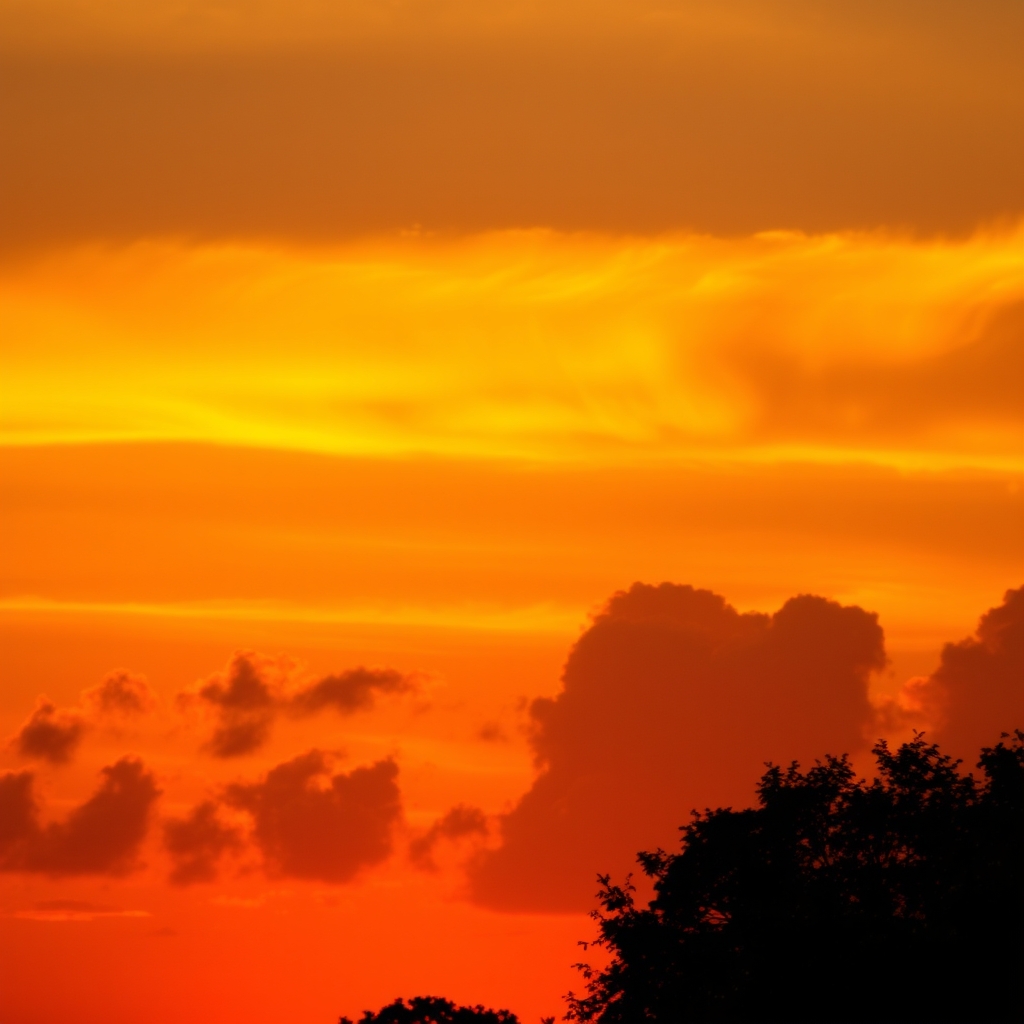 Warm sunset sky with orange hues and fluffy clouds
