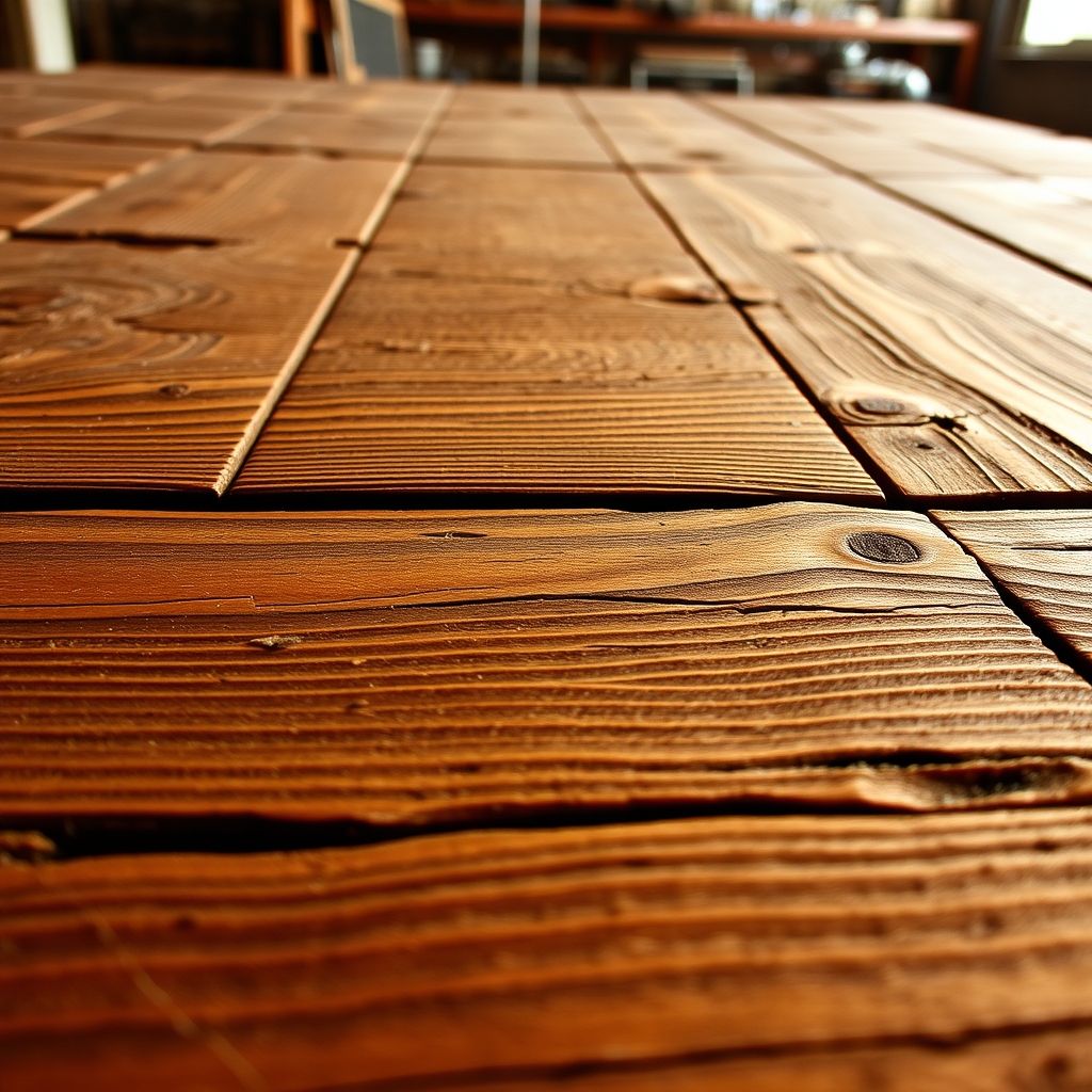 Close-up of warm-toned reclaimed wood planks with natural lighting.