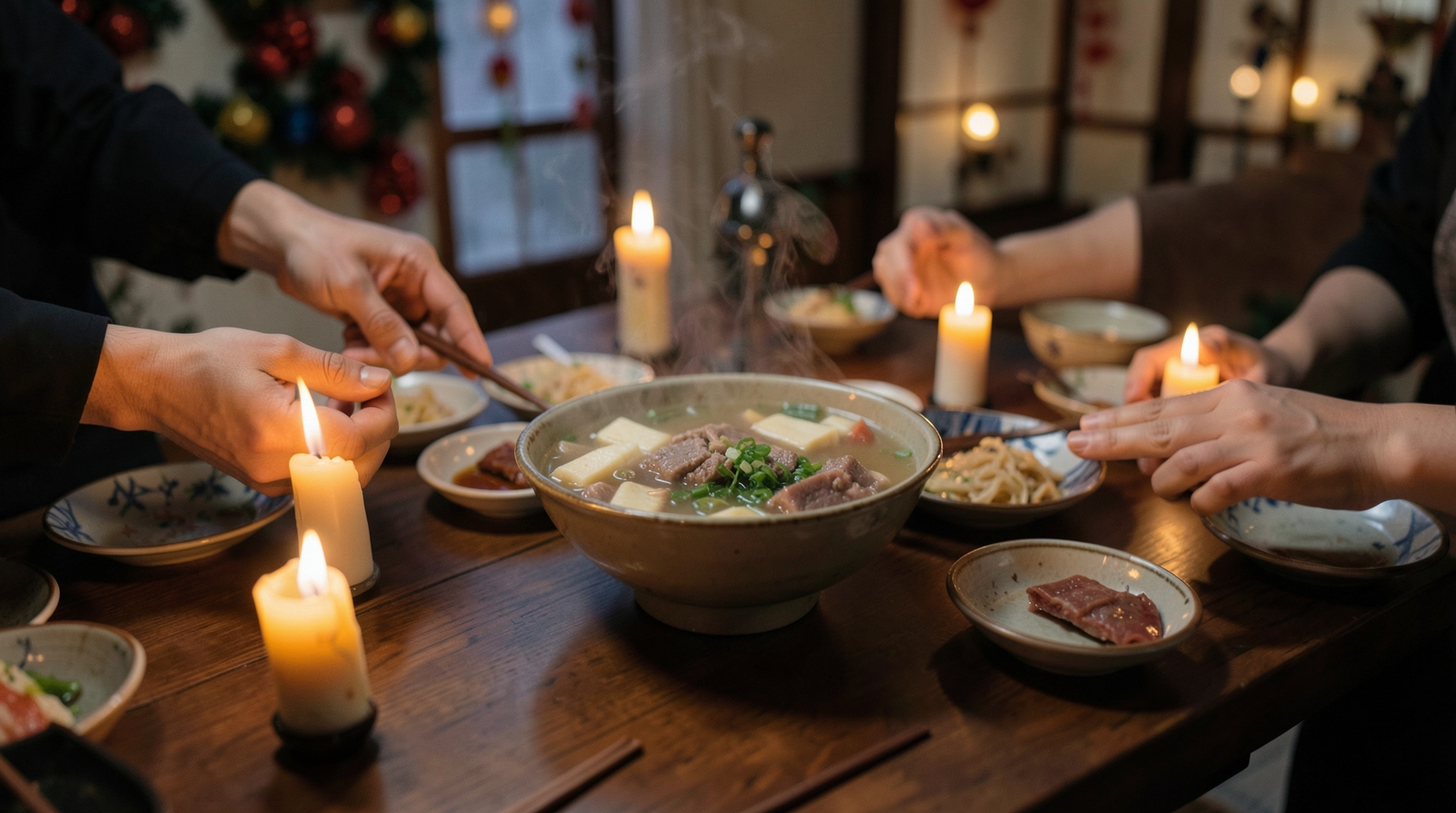 Traditional Korean New Year table setting with tteokguk, warm lighting, anonymous hands serving. seasonal holiday background, 16:9, festive, empty spa