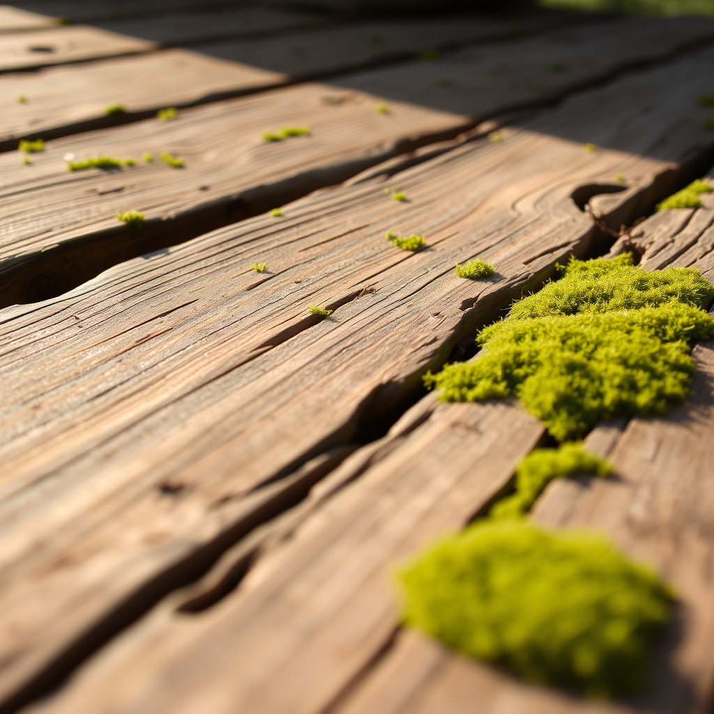 Warm Wooden Planks with Green Moss