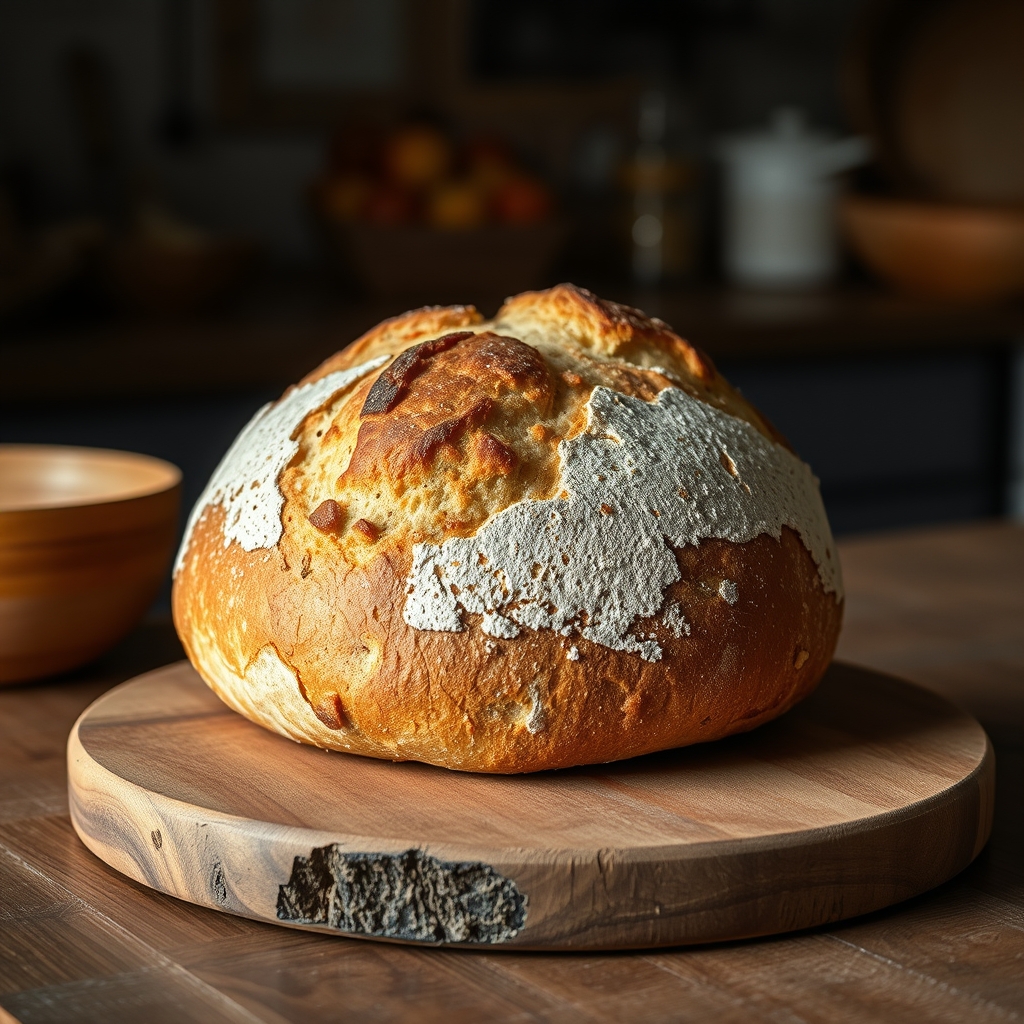 Artisan bread on a wooden cutting board in a rustic kitchen setting.