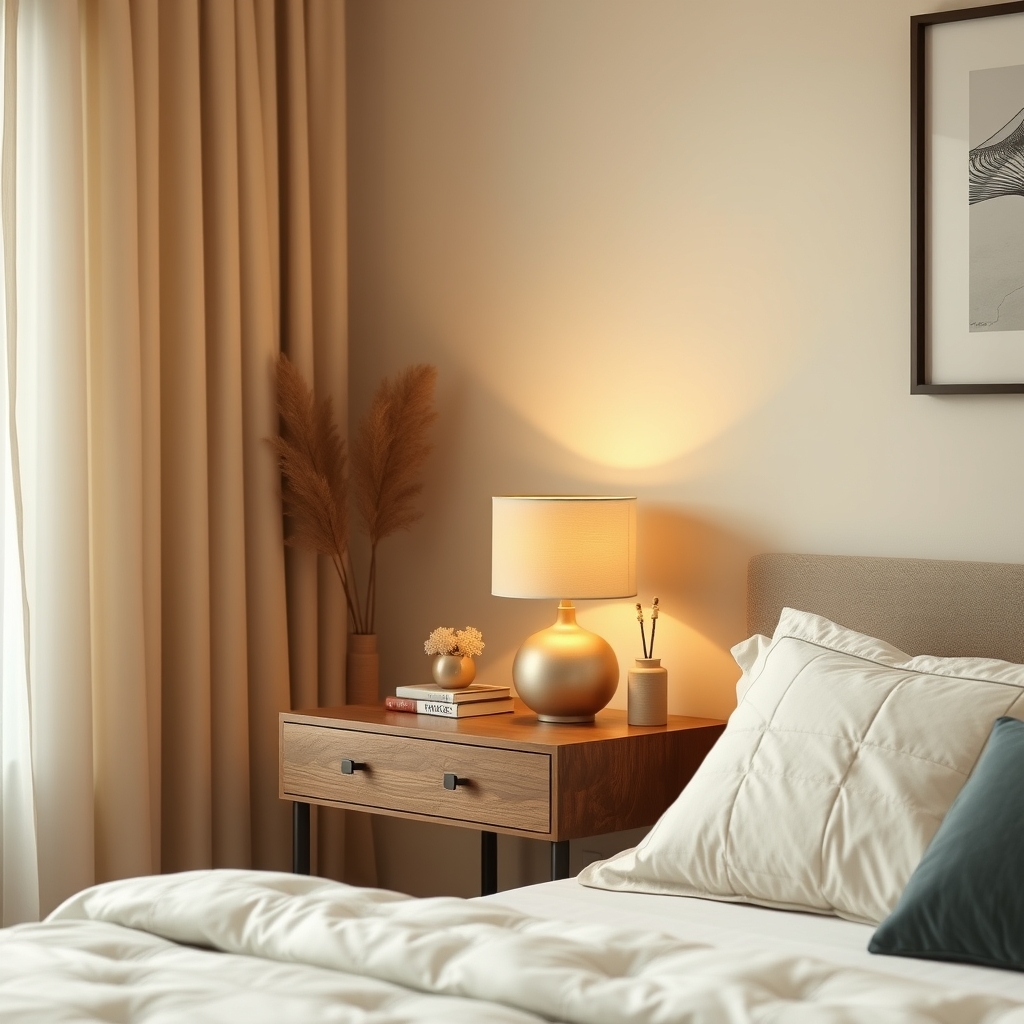 A warm and cozy bedroom scene with a bedside table and a bed.