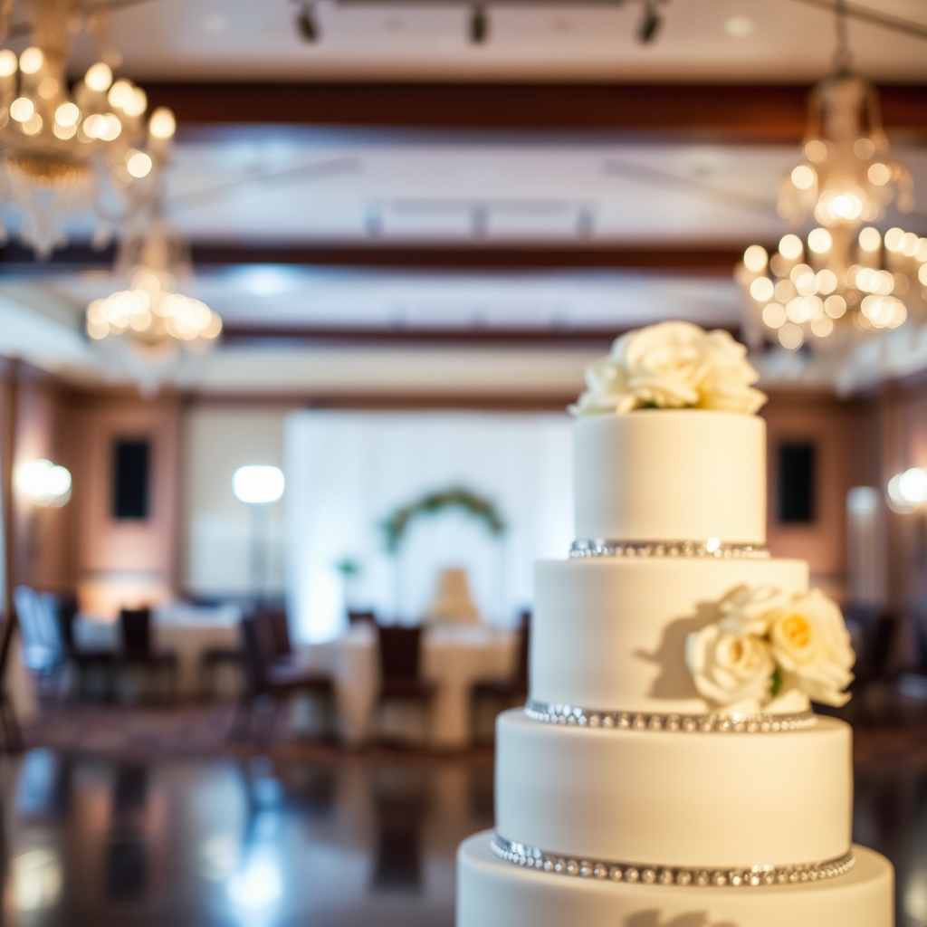 Wedding Cake in Softly Lit Wedding Hall