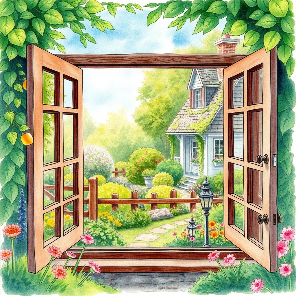 A whimsical cottage with a lush garden view through a window.