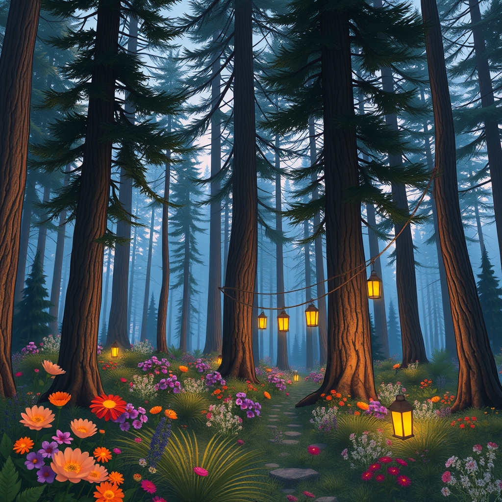 Whimsical forest with tall trees, vibrant flowers, and soft lighting, forest at dusk with lanterns