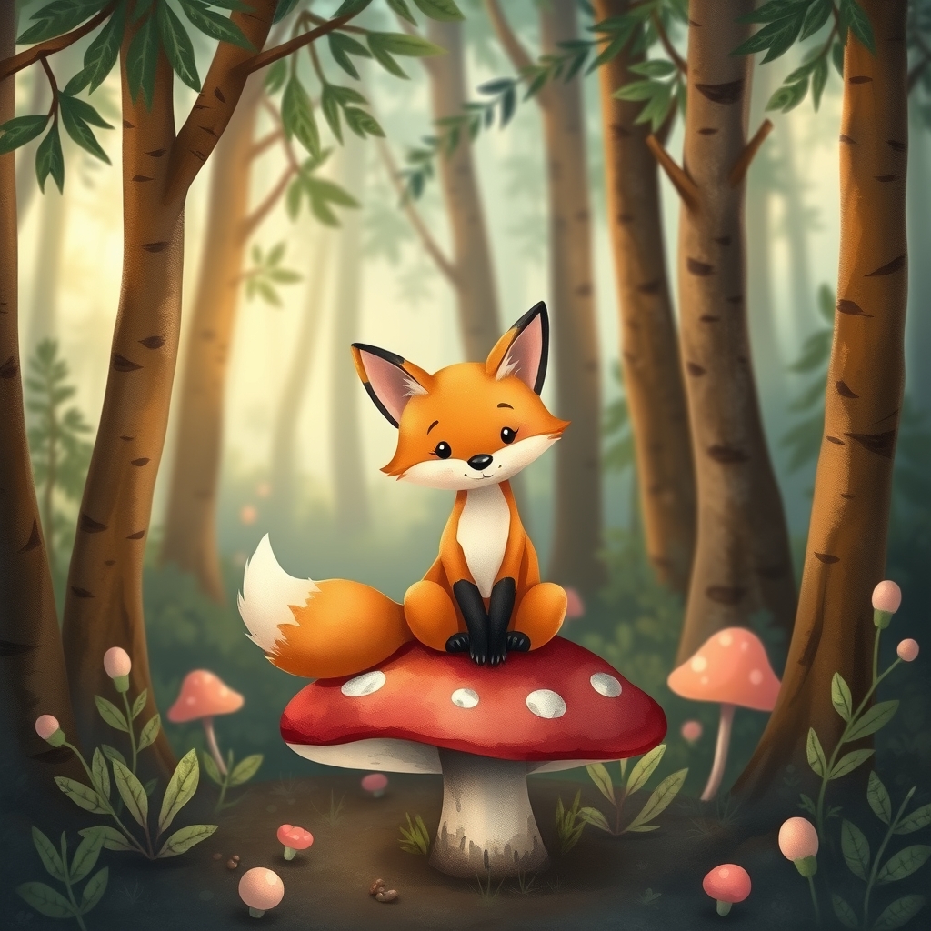 Cartoon fox on mushroom in a forest.