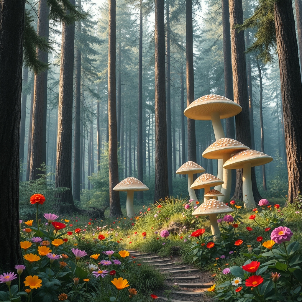 Whimsical forest with tall trees, vibrant flowers, and soft lighting. Forest with towering mushrooms.