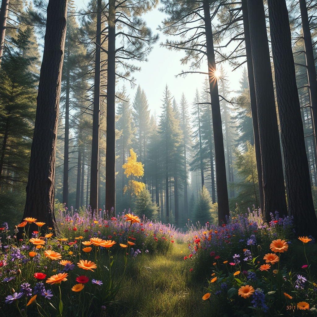 Whimsical Forest with Wildflowers, Sunlit