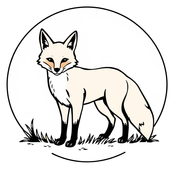 A whimsical fox in a clearing, centered and surrounded by a circular frame.