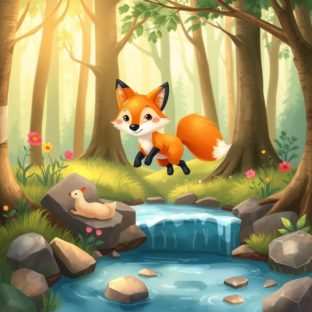 Cartoon Fox Jumping Over Stream in Forest