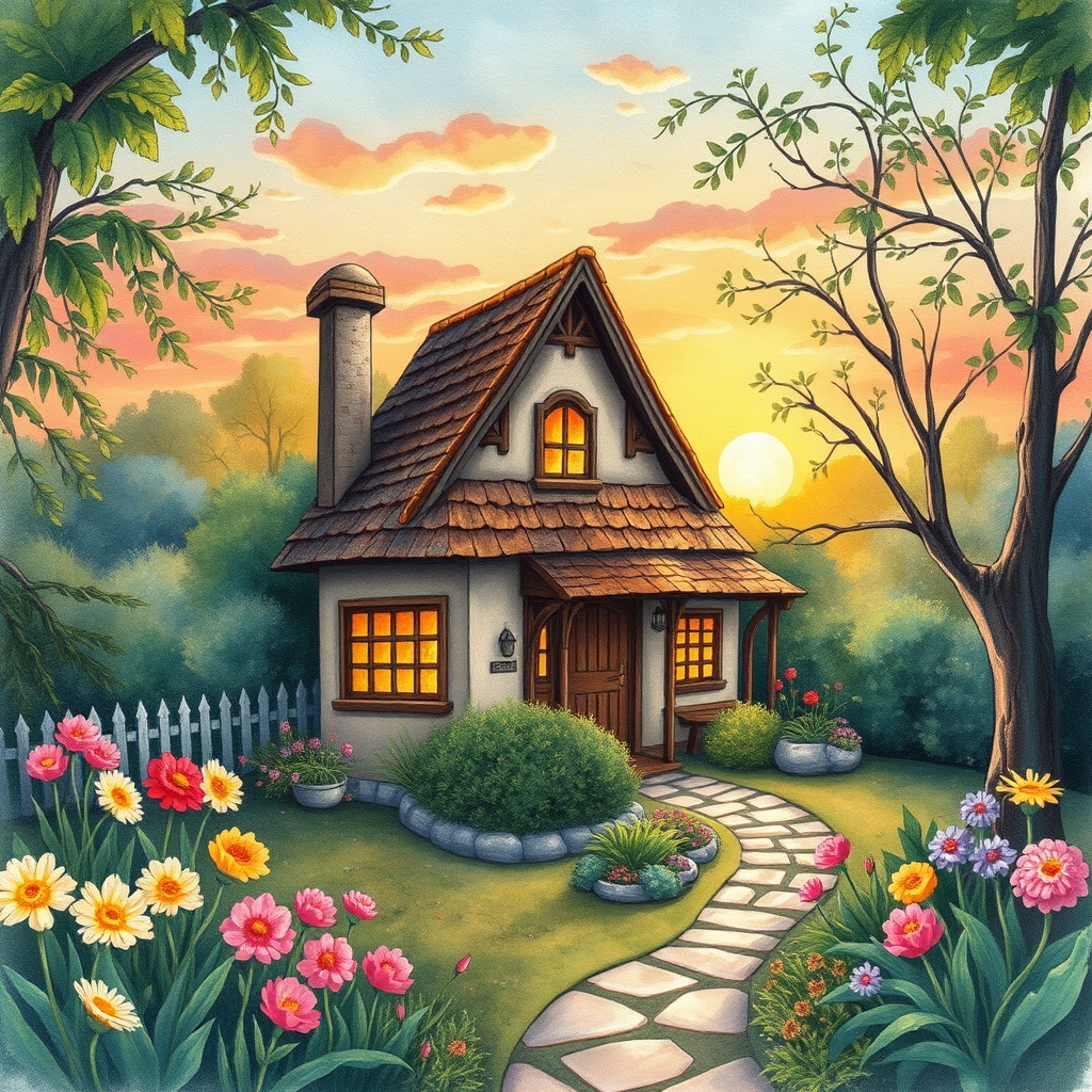 Whimsical watercolor cottage in a lush garden