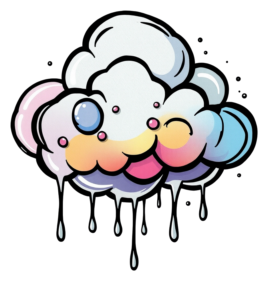 A cartoon-style cloud with bubble-like formations and drips, set against a pure white background.