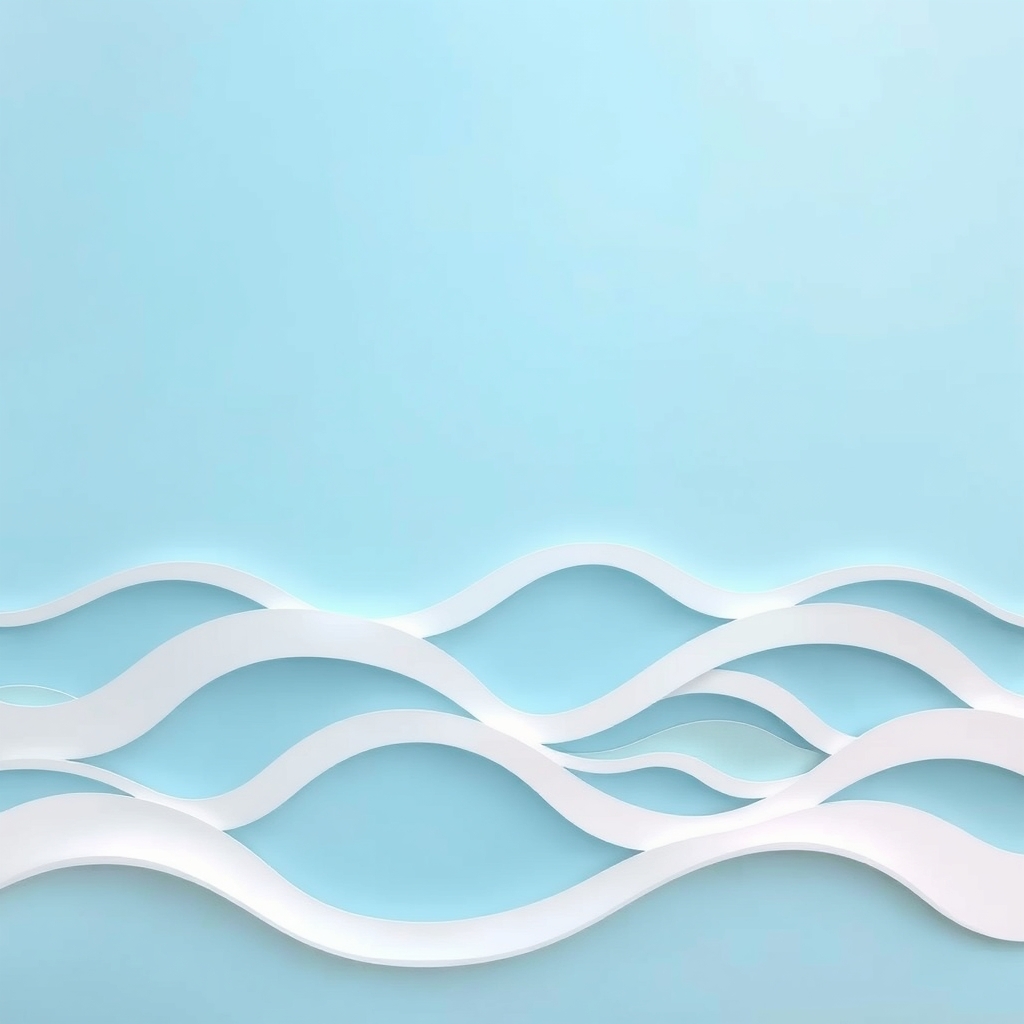 Delicate paper cut layered waves in white on blue background at pastel sunset