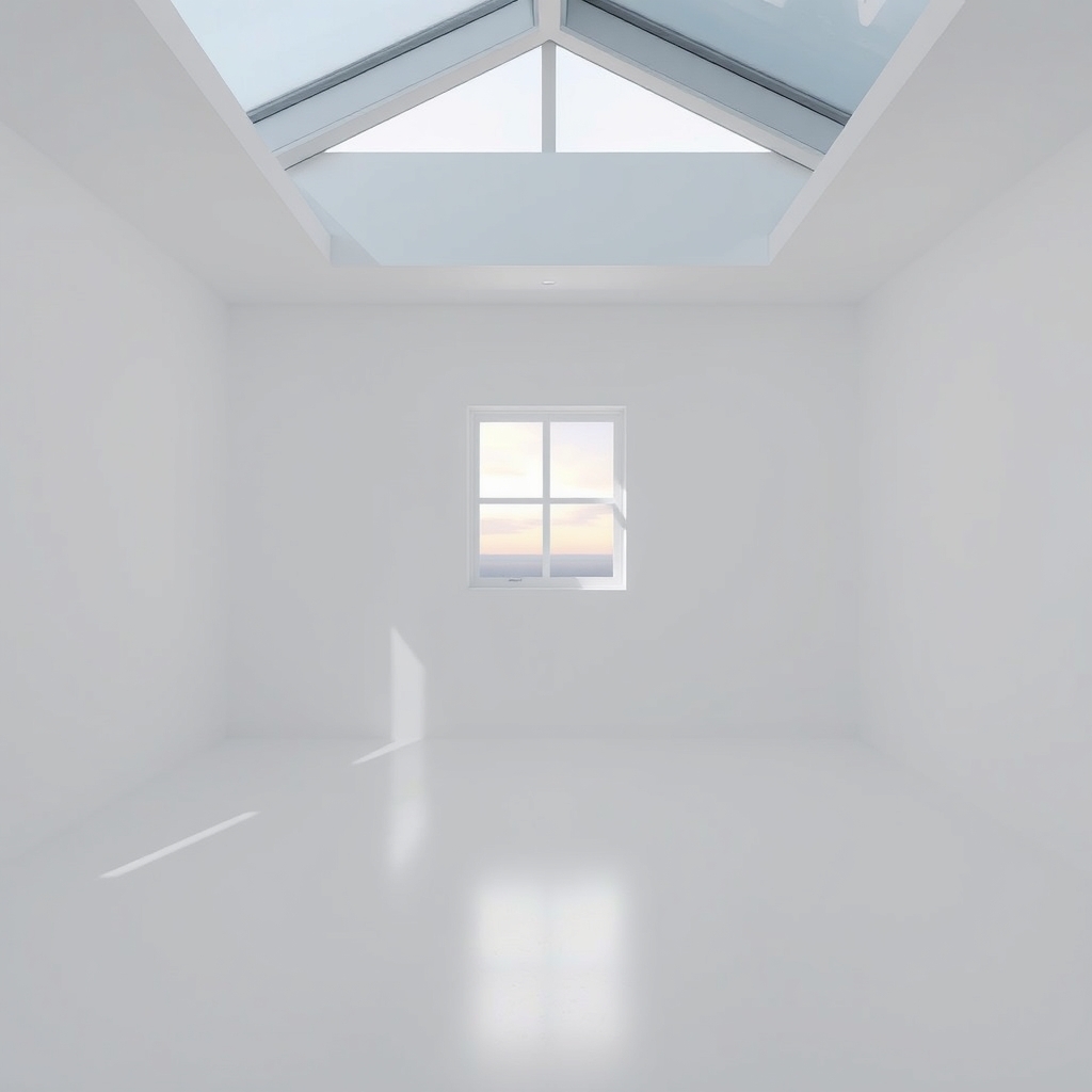 A minimalist white room with empty space and natural light at dusk.