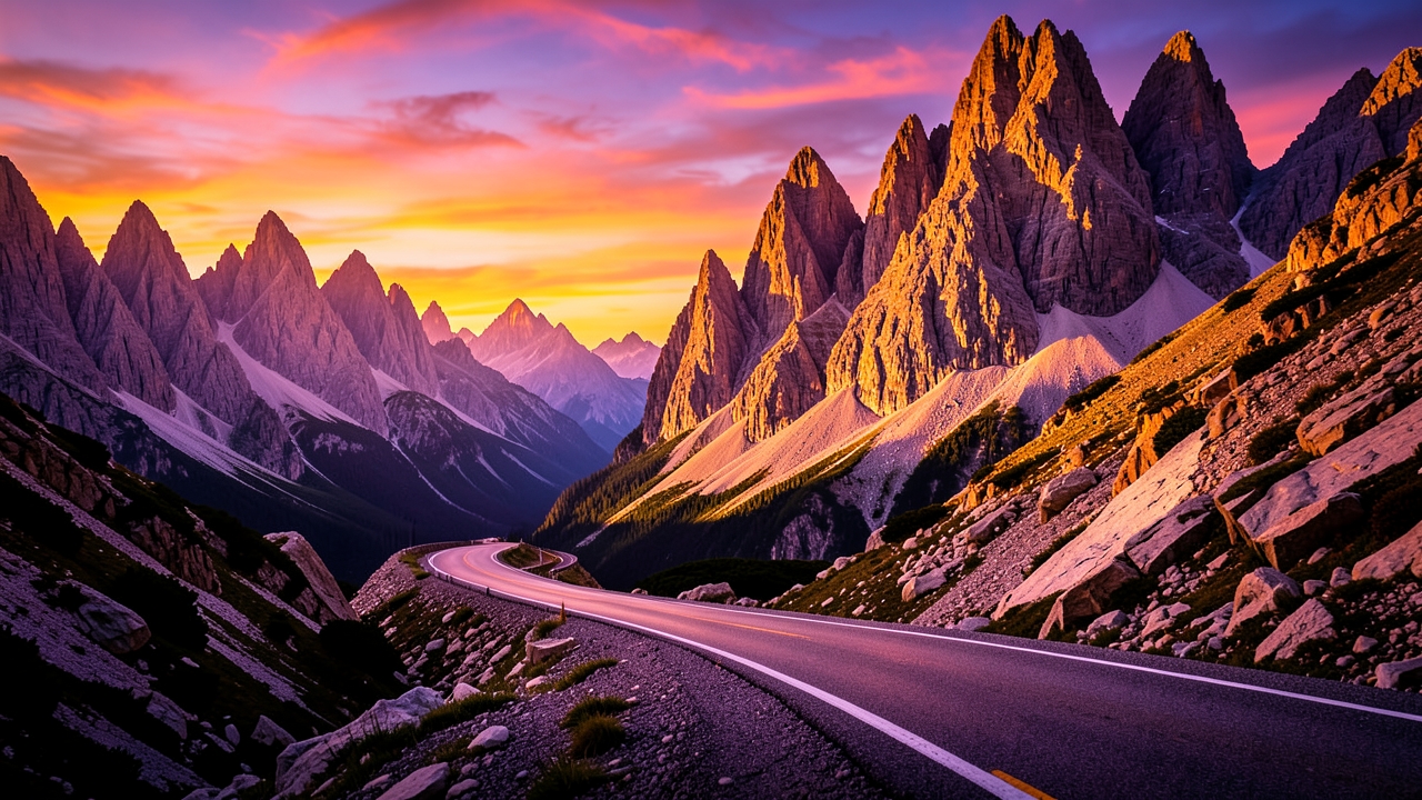 Winding road through mountains at sunset