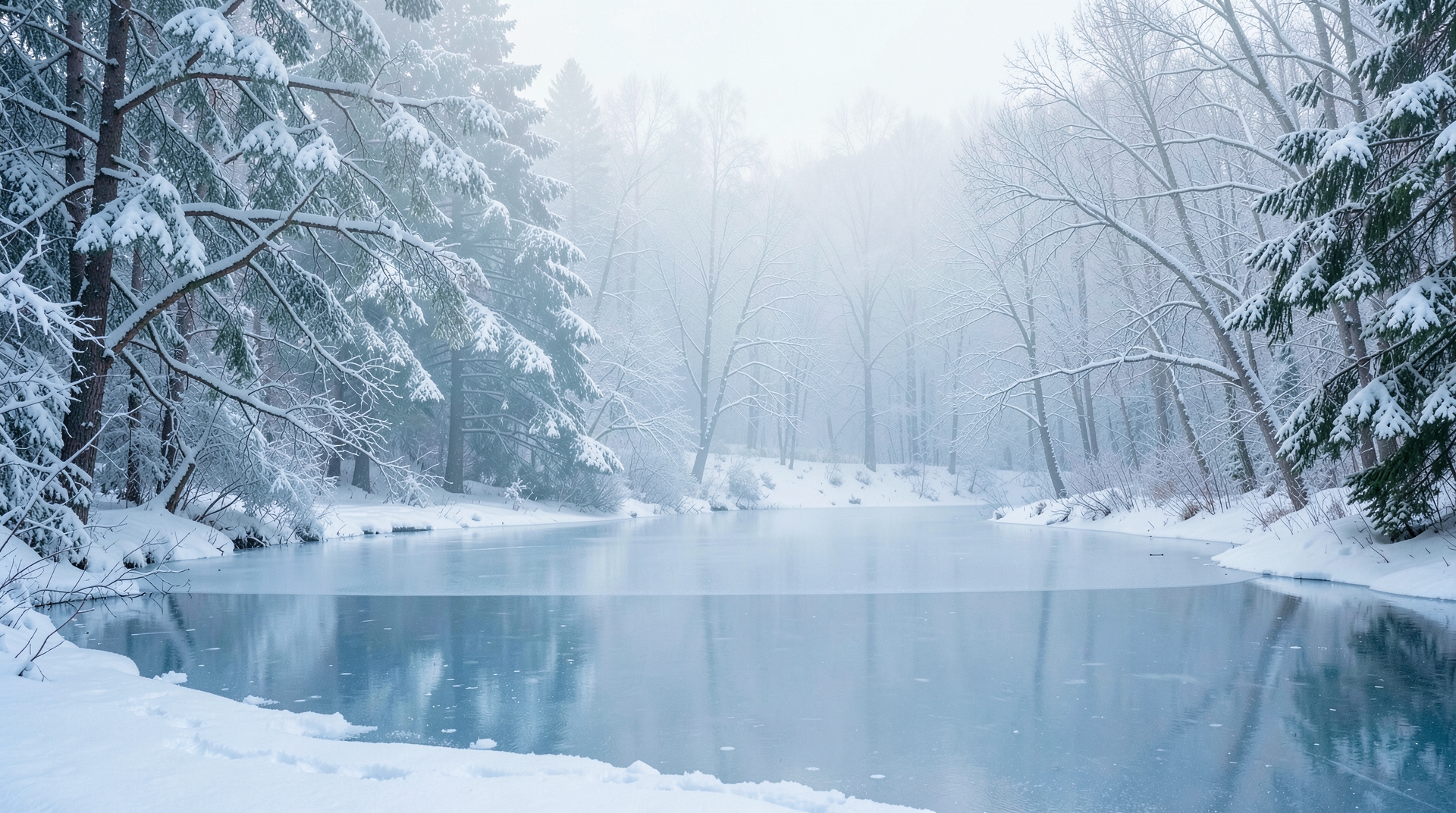 Winter Forest Serenity: Snowy Trees and Misty Lake