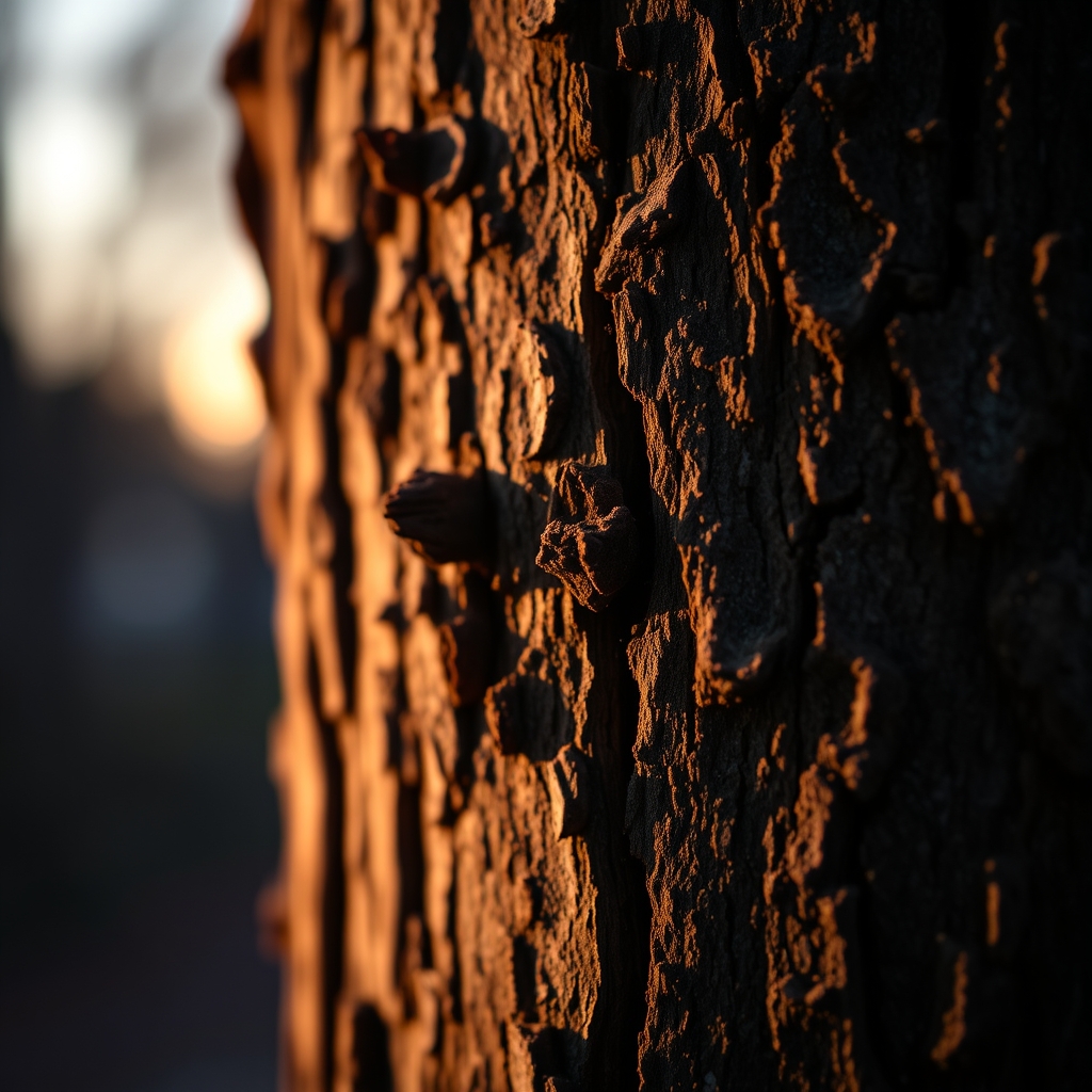 A close-up of wood texture with warm, soft lighting, reminiscent of a tree bark at sunset.