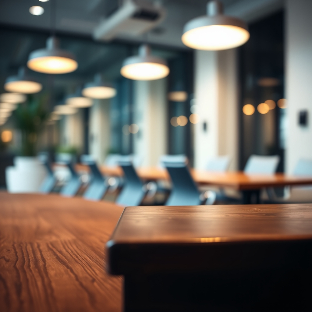 Wooden Desk in Blurred Office with Soft Light