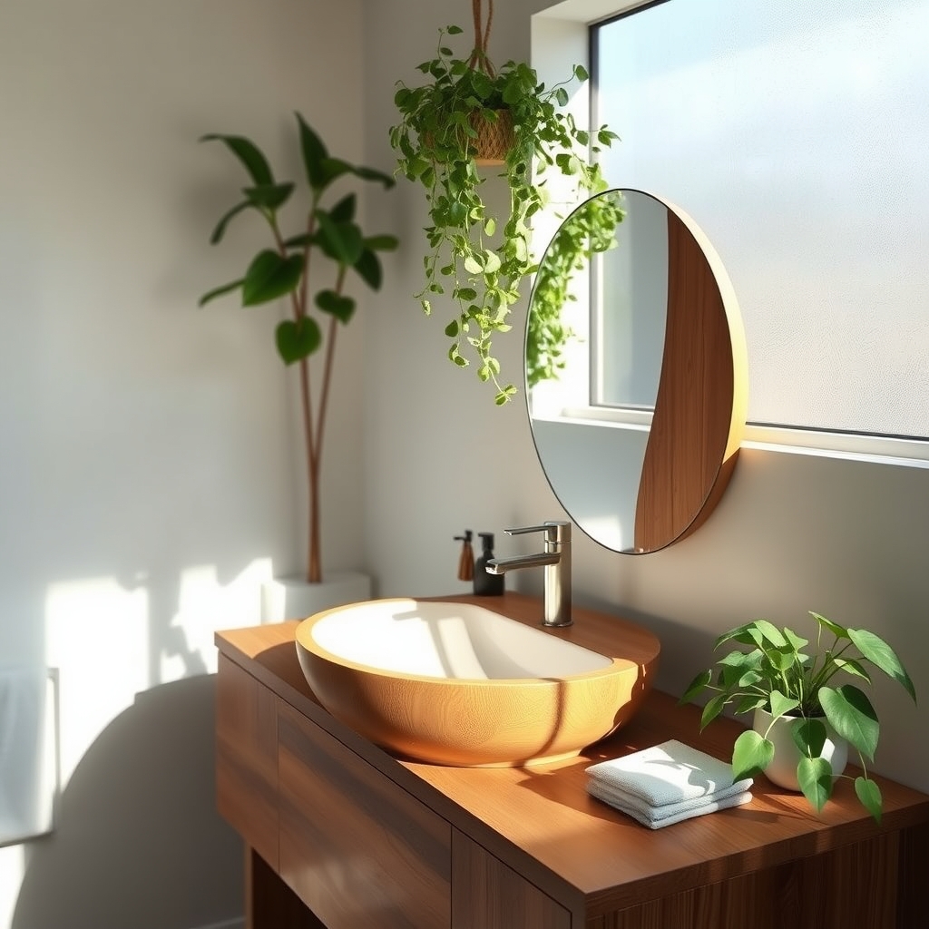 A bathroom with a wooden sink, plants, and natural light, in a minimalist style.