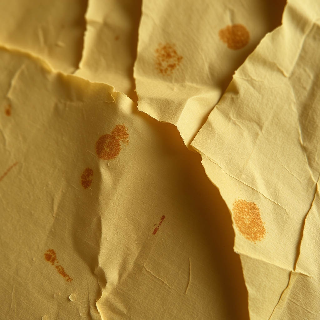 A close-up of worn, yellowed paper with subtle tears and creases, soft natural light, earthy tones. Torn paper with coffee stains.