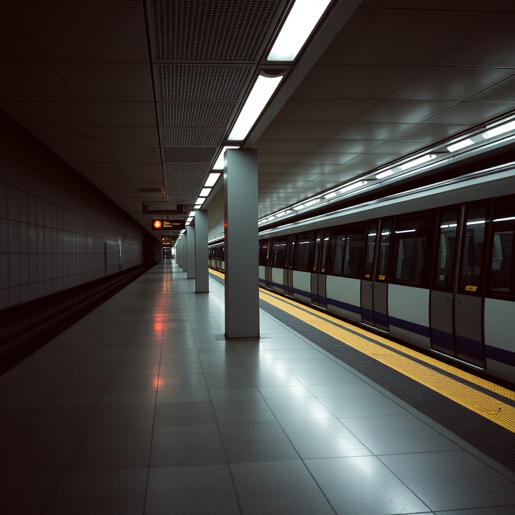 An empty subway platform with modern trains, but the atmosphere is not as calm and neutral as described in the prompt.