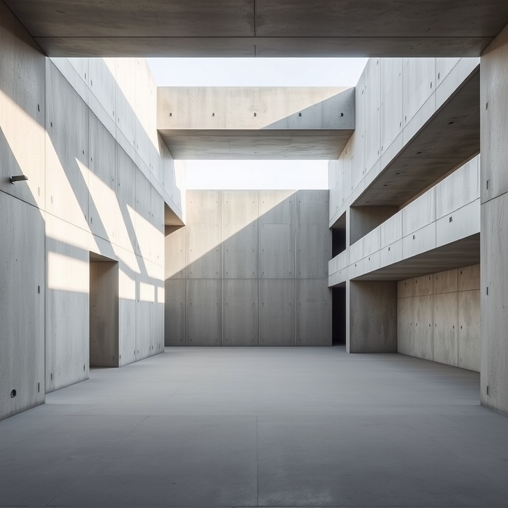 Minimalist concrete building with simple lines, natural light, and empty space