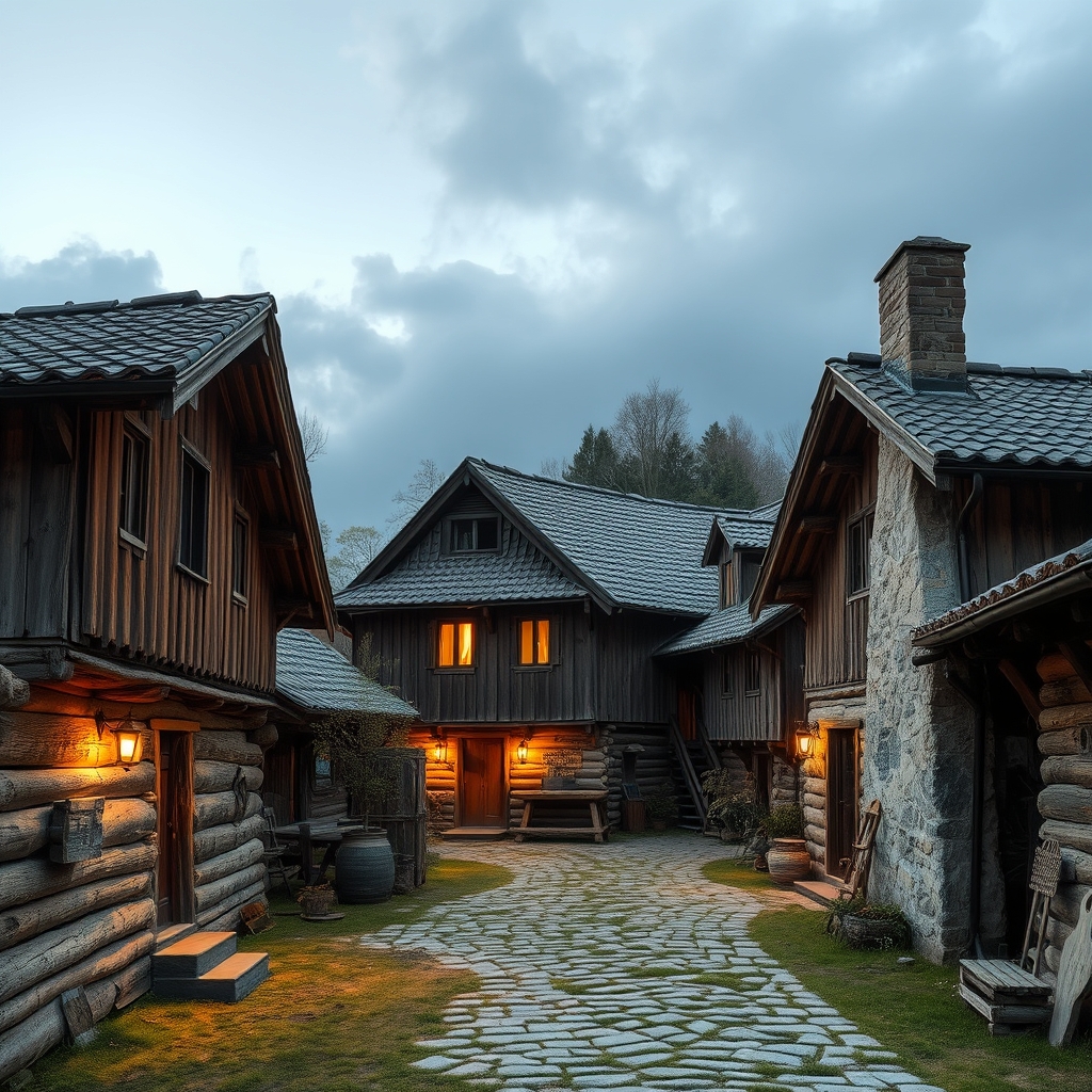 Traditional Village Scene with Old Wooden Houses and Warm Lighting.