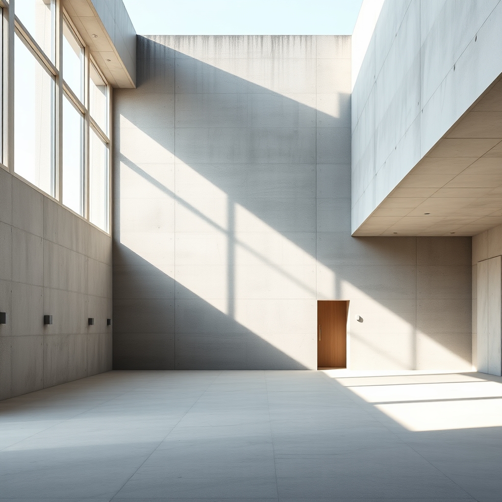Minimalist Concrete Building with Natural Light and Empty Space.